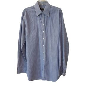 Giorgio Armani Men's Blue Pinstripe Button Down Dress Shirt, White/Blue, Sz XL